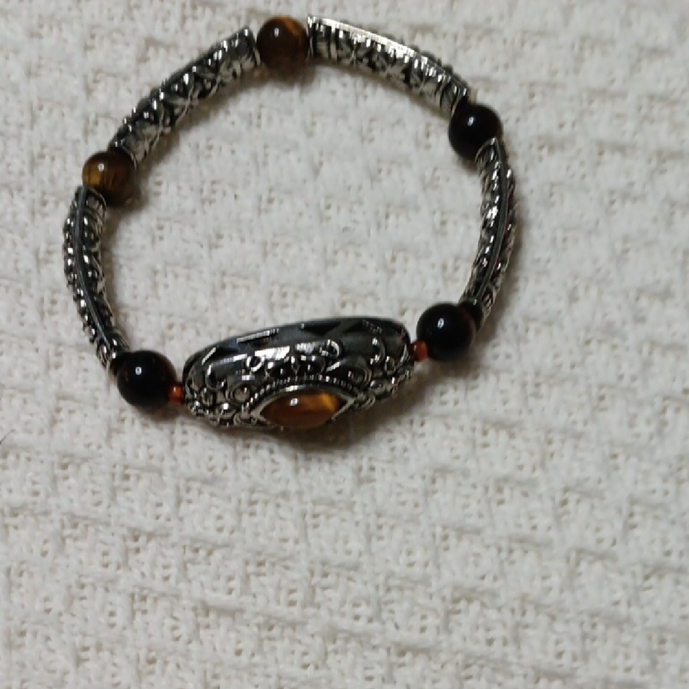 Elegant Tiger's Eye Silvertone and Brown Beaded Bracelet